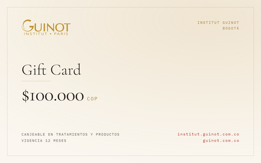 Gift Card Guinot de $100.000 · canjeable en tratamientos y productos · Institut Guinot Bogotá