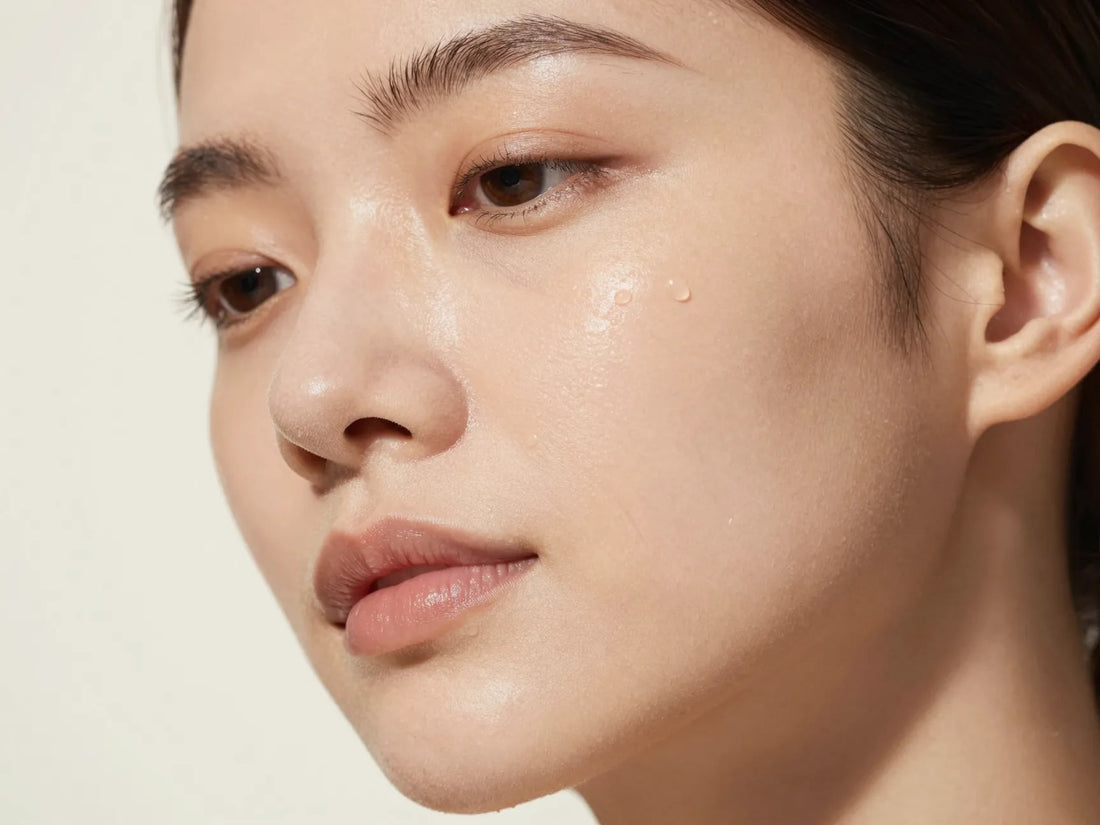 Primer plano de rostro con piel luminosa e hidratada con gotas de agua