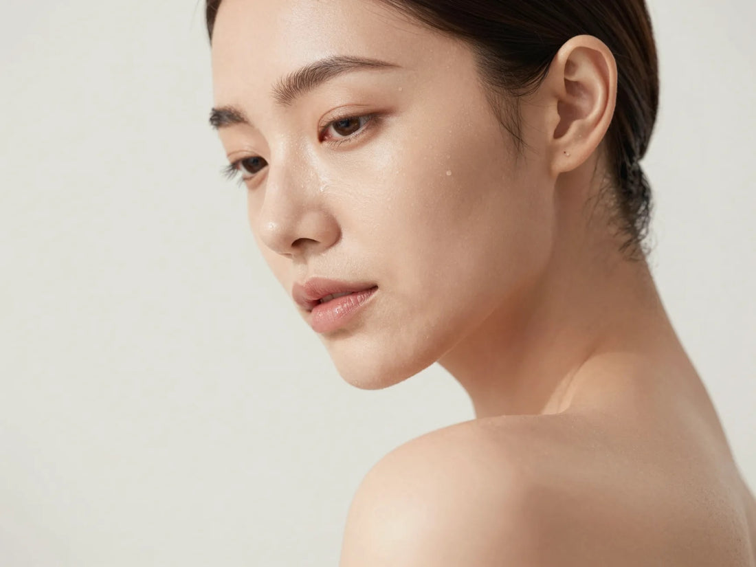 Mujer de piel luminosa y saludable bajo luz suave, cuidado facial con protección solar Guinot