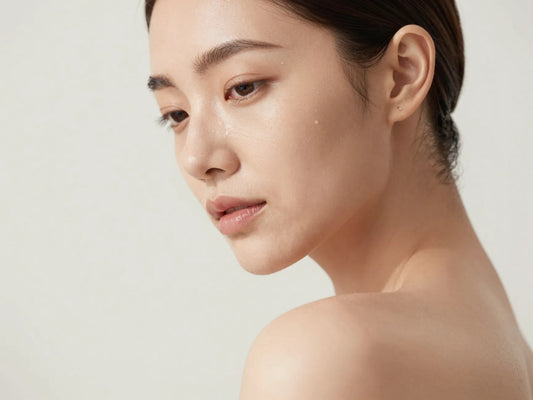 Mujer de piel luminosa y saludable bajo luz suave, cuidado facial con protección solar Guinot