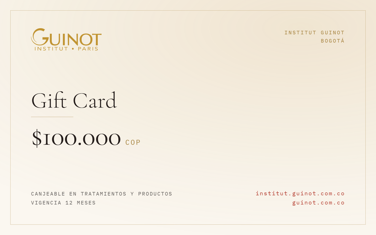Gift Card Guinot de $100.000 · canjeable en tratamientos y productos · Institut Guinot Bogotá