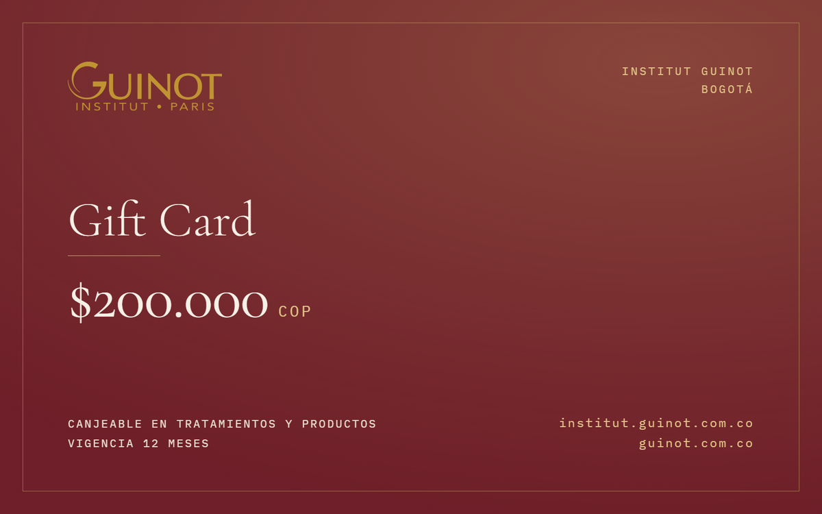 Gift Card Guinot de $200.000 · canjeable en tratamientos y productos · Institut Guinot Bogotá