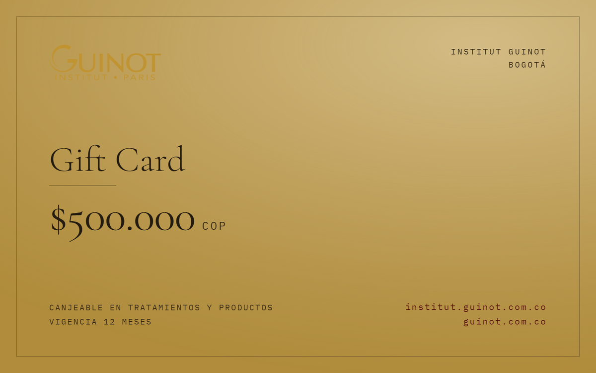 Gift Card Guinot de $500.000 · canjeable en tratamientos y productos · Institut Guinot Bogotá